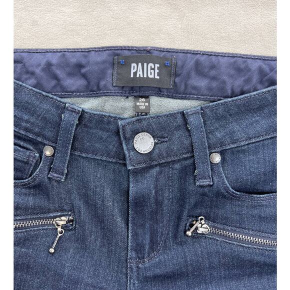 Paige Transcend Mid Rise Indio Zip Skinny Dark Blue Denim Jean Moto Grunge Boho - Picture 5 of 9